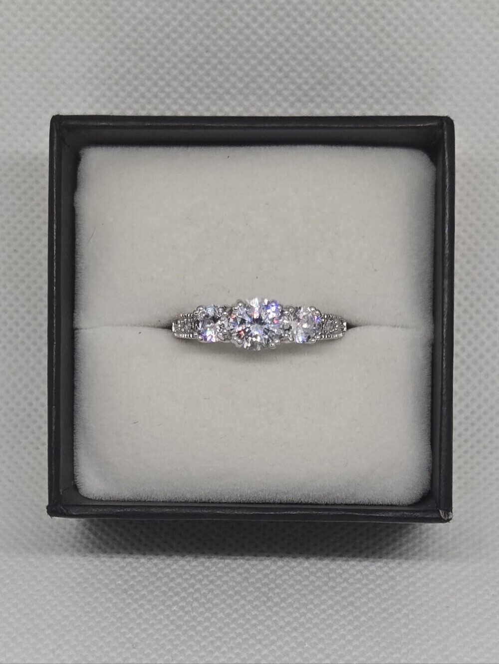 Silver Tone Three Stone CZ Style Ring with Pave Band Statement Jewelry